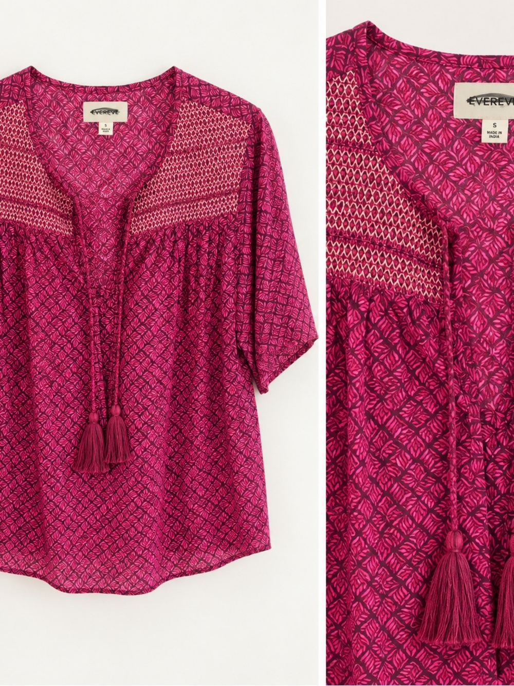 Evereve Fuchsia Tassel V-Neck Printed Blouse